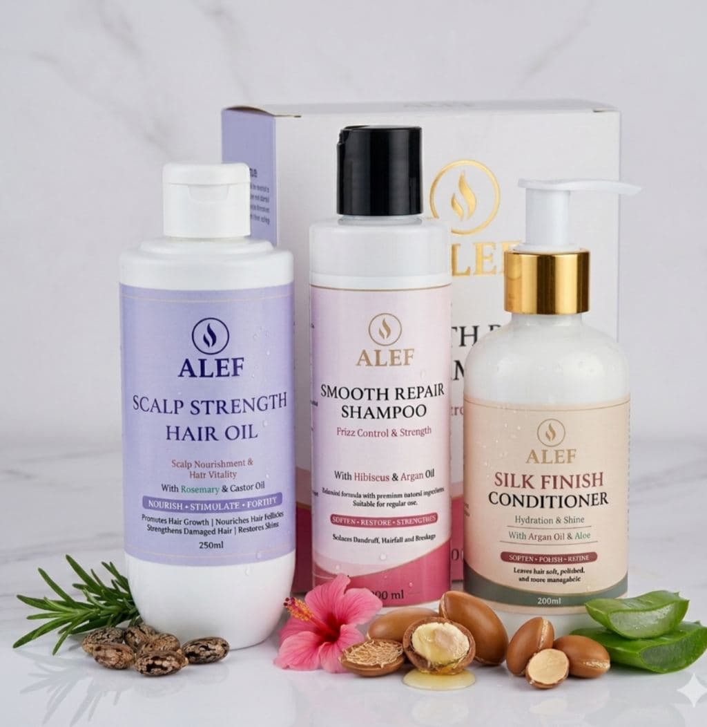ALEF Hair Care Combo - Scalp Strength Oil, Smooth Repair Shampoo & Silk Finish Conditioner